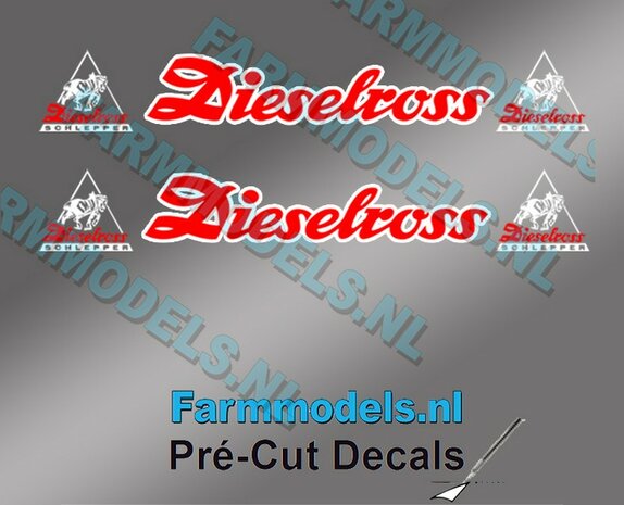 2x Dieselross met Logo&#039;s sticker WIT/ROOD op Transparant 27 mm breed Pr&eacute;-Cut Decals 1:32 Farmmodels.nl 