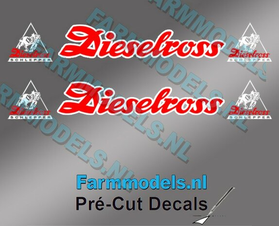 2x Dieselross met Logo&#039;s sticker WIT/ROOD op Transparant 30 mm breed Pr&eacute;-Cut Decals 1:32 Farmmodels.nl 