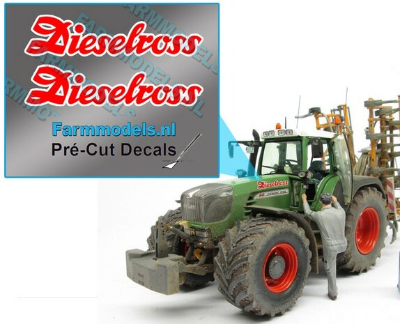 2x Dieselross sticker ROOD met WITTE rand op Transparant 22.5 mm breed Pr&eacute;-Cut Decals 1:32 Farmmodels.nl 