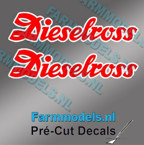 2x Dieselross sticker ROOD met WITTE rand op Transparant 27.5 mm breed Pr&eacute;-Cut Decals 1:32 Farmmodels.nl 