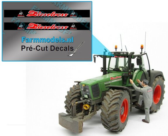 2x Dieselross met Logo&#039;s sticker WIT/ROOD op ZWARTE achtergrond 40 mm breed Pr&eacute;-Cut Decals 1:32 Farmmodels.nl 