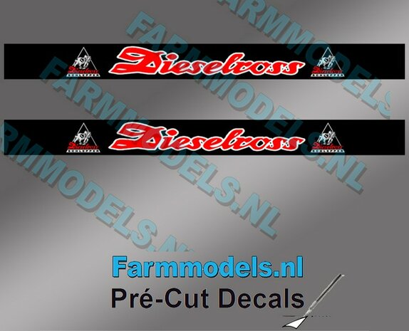 2x Dieselross met Logo&#039;s sticker WIT/ROOD op ZWARTE achtergrond 40 mm breed Pr&eacute;-Cut Decals 1:32 Farmmodels.nl 