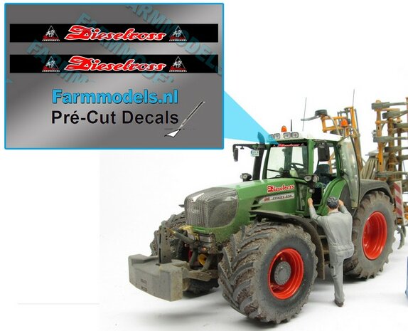 2x Dieselross met Logo&#039;s sticker WIT/ROOD op ZWARTE achtergrond 40 mm breed Pr&eacute;-Cut Decals 1:32 Farmmodels.nl 