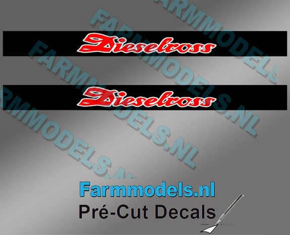 2x Dieselross sticker WIT/ROOD op ZWARTE achtergrond 40 mm breed Pr&eacute;-Cut Decals 1:32 Farmmodels.nl 