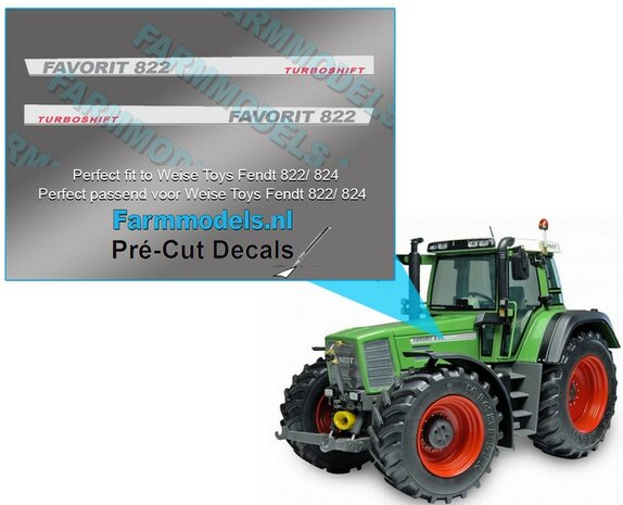 2x FENDT FAVORIT 822 TURBOSHIFT type stickers Pr&eacute;-Cut Decals 1:32 Farmmodels.nl 