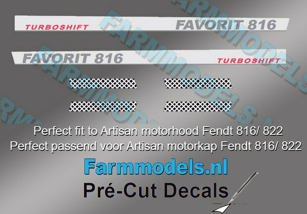 2x FENDT FAVORIT 816 TURBOSHIFT met 4 KOELROOSTER stickers Pr&eacute;-Cut Decals 1:32 Farmmodels.nl 