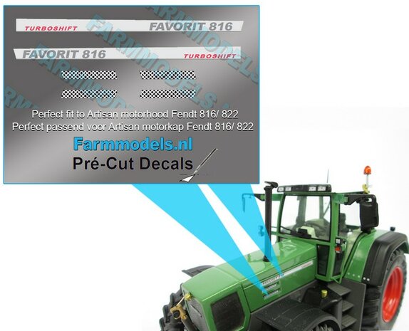 2x FENDT FAVORIT 816 TURBOSHIFT met 4 KOELROOSTER stickers Pr&eacute;-Cut Decals 1:32 Farmmodels.nl 