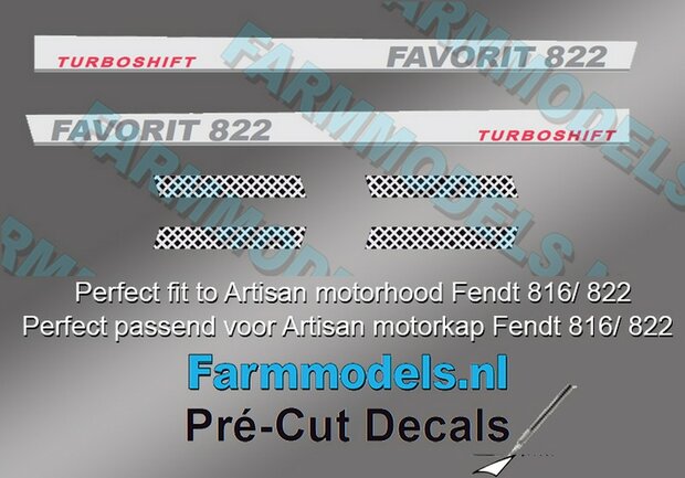 2x FENDT FAVORIT 822 TURBOSHIFT met 4 KOELROOSTER stickers Pr&eacute;-Cut Decals 1:32 Farmmodels.nl 