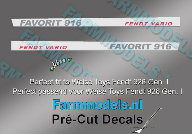 2x FENDT VARIO FAVORIT 916 Gen. I type + Vario Logo stickers Pr&eacute;-Cut Decals 1:32 Farmmodels.nl 