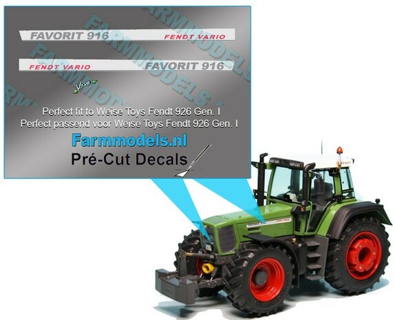 2x FENDT VARIO FAVORIT 916 Gen. I type + Vario Logo stickers Pr&eacute;-Cut Decals 1:32 Farmmodels.nl 