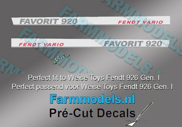 2x FENDT VARIO FAVORIT 920 Gen. I type + Vario logo stickers Pr&eacute;-Cut Decals 1:32 Farmmodels.nl 