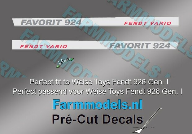 2x FENDT VARIO FAVORIT 924 Gen. I type + Vario logo stickers Pr&eacute;-Cut Decals 1:32 Farmmodels.nl 