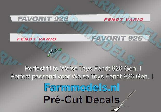 2x FENDT VARIO FAVORIT 926 Gen. I type + Vario logo stickers Pr&eacute;-Cut Decals 1:32 Farmmodels.nl 