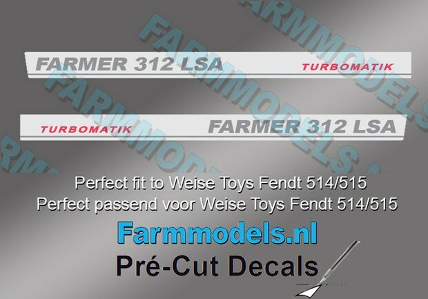 2x FARMER 312 LSA TURBOMATIC type stickers (voor Fendt 514/515 Weise) Pr&eacute;-Cut Decals 1:32 Farmmodels.nl 