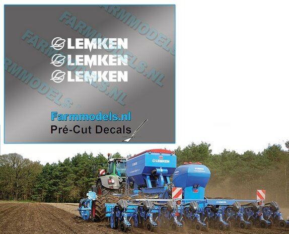 3x LEMKEN met Ploegschaar logo stickers WIT op Transparant 2 mm hoog Pr&eacute;-Cut Decals 1:32 Farmmodels.nl 