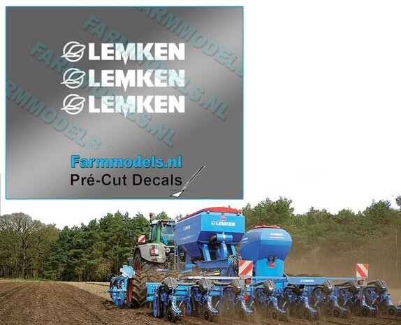 3x LEMKEN met Ploegschaar logo stickers WIT op Transparant 4 mm hoog Pr&eacute;-Cut Decals 1:32 Farmmodels.nl 