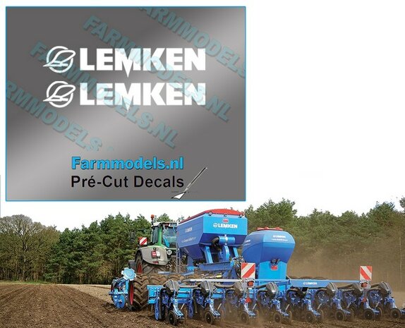 2x LEMKEN met Ploegschaar logo stickers WIT op Transparant 5 mm hoog Pr&eacute;-Cut Decals 1:32 Farmmodels.nl 