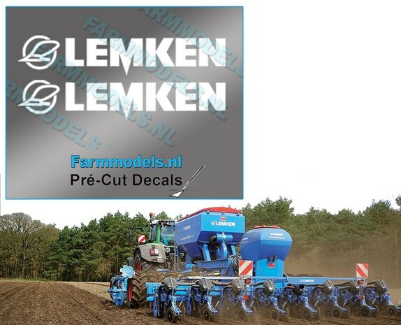 2x LEMKEN met Ploegschaar logo stickers WIT 8 mm hoog Pr&eacute;-Cut Decals 1:32 Farmmodels.nl 