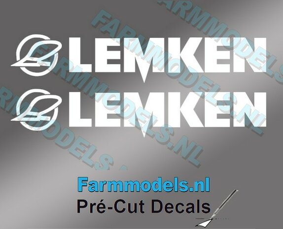 2x LEMKEN met Ploegschaar logo stickers WIT 10 mm hoog Pr&eacute;-Cut Decals 1:32 Farmmodels.nl 