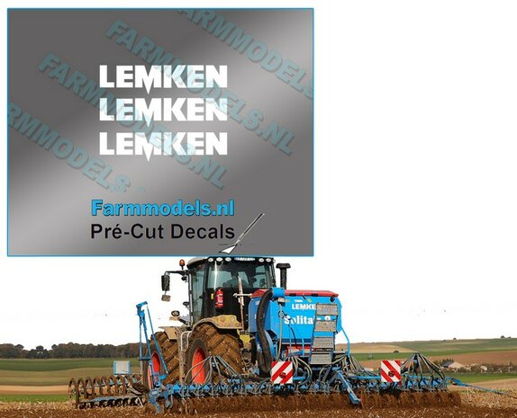 3x LEMKEN stickers WIT op Transparant 2 mm hoog Pr&eacute;-Cut Decals 1:32 Farmmodels.nl 