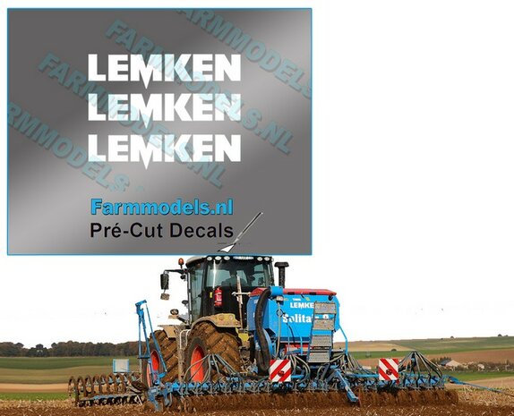 3x LEMKEN stickers WIT op Transparant 3 mm hoog Pr&eacute;-Cut Decals 1:32 Farmmodels.nl 
