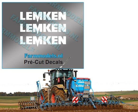 3x LEMKEN stickers WIT op Transparant 4 mm hoog Pr&eacute;-Cut Decals 1:32 Farmmodels.nl 