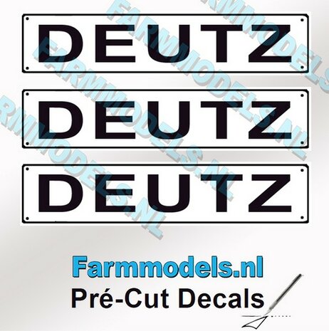 DEUTZ  3x WITTE Kentekenplaatsticker ZWARTE LETTERS Pr&eacute;-Cut Decals 1:32 Farmmodels.nl
