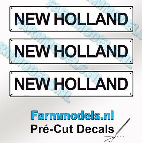 NEW HOLLAND  3x WITTE Kentekenplaatsticker ZWARTE LETTERS Pr&eacute;-Cut Decals 1:32 Farmmodels.nl