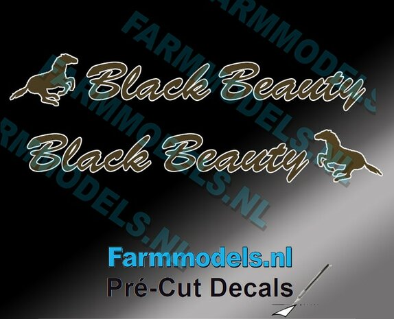 2x &quot;Black Beauty&quot; sticker Bruin/ Goud op Transparant 5 x 35 mm Pr&eacute;-Cut Decals 1:32 Farmmodels.nl 