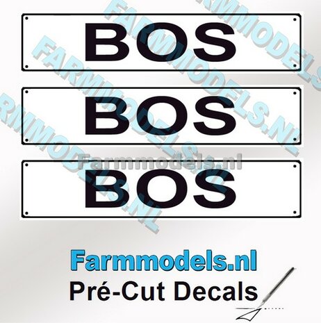 BOS  3x WITTE Kentekenplaatsticker ZWARTE LETTERS Pr&eacute;-Cut Decals 1:32 Farmmodels.nl