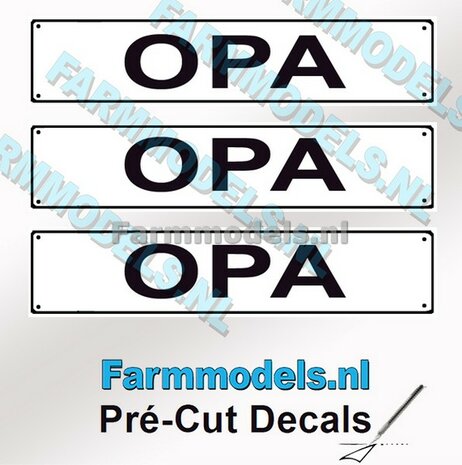 OPA  3x WITTE Kentekenplaatsticker ZWARTE LETTERS Pr&eacute;-Cut Decals 1:32 Farmmodels.nl