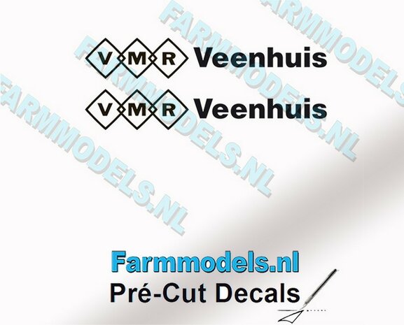 2x VMR Veenhuis 3mm hoog -logo achter elkaar- zwart op Transparant Pr&eacute;-Cut Decals 1:32 Farmmodels.nl
