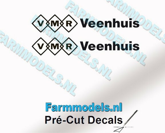 2x VMR Veenhuis 4mm hoog -logo achter elkaar- zwart op Transparant Pr&eacute;-Cut Decals 1:32 Farmmodels.nl