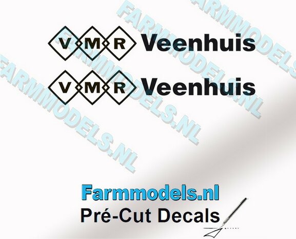 2x VMR Veenhuis 5mm hoog -logo achter elkaar- zwart op Transparant Pr&eacute;-Cut Decals 1:32 Farmmodels.nl
