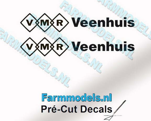 2x VMR Veenhuis 6mm hoog -logo achter elkaar- zwart op Transparant Pr&eacute;-Cut Decals 1:32 Farmmodels.nl