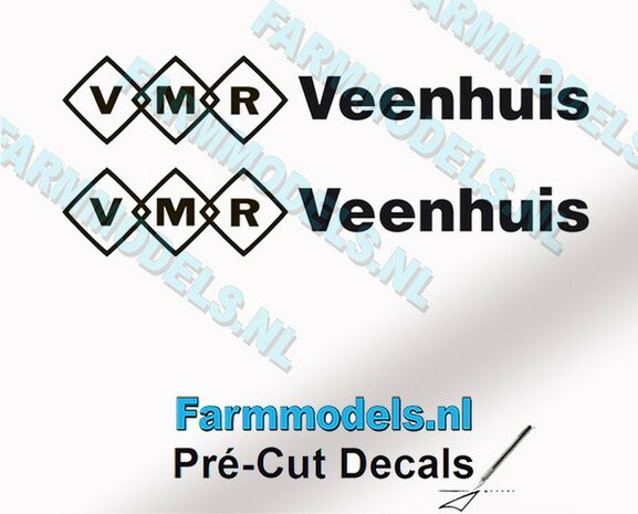 2x VMR Veenhuis 7mm hoog -logo achter elkaar- zwart op Transparant Pr&eacute;-Cut Decals 1:32 Farmmodels.nl
