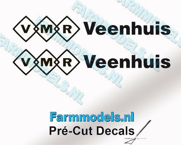 2x VMR Veenhuis 8mm hoog -logo achter elkaar- zwart op Transparant Pr&eacute;-Cut Decals 1:32 Farmmodels.nl