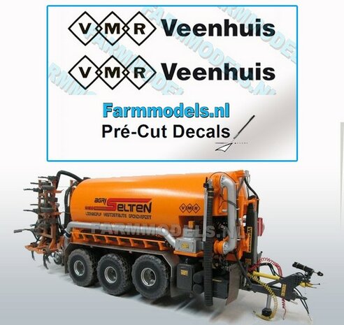 2x VMR Veenhuis 8mm hoog -logo achter elkaar- zwart op Transparant Pr&eacute;-Cut Decals 1:32 Farmmodels.nl