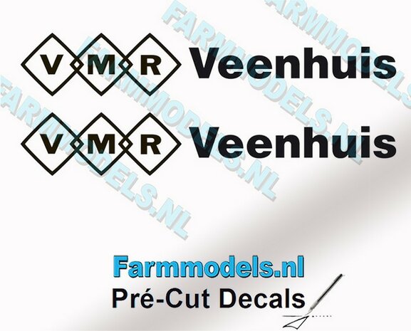 2x VMR Veenhuis 9mm hoog -logo achter elkaar- zwart op Transparant Pr&eacute;-Cut Decals 1:32 Farmmodels.nl