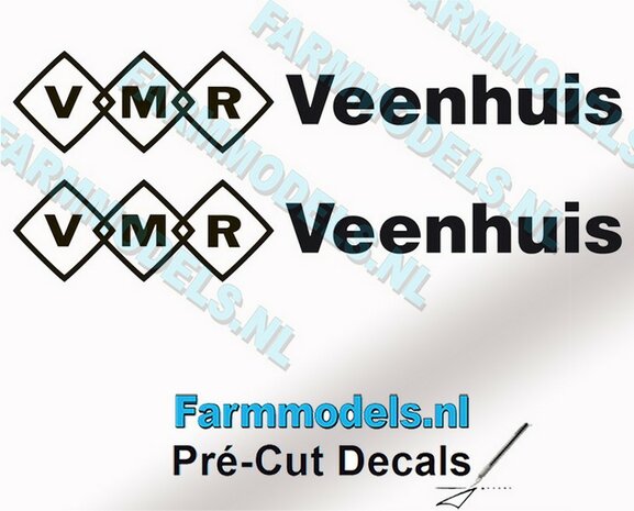 2x VMR Veenhuis 10mm hoog -logo achter elkaar- zwart op Transparant Pr&eacute;-Cut Decals 1:32 Farmmodels.nl