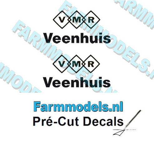 2x VMR Veenhuis 8mm hoog -VMR logo/ Veenhuis onder elkaar- zwart op Transparant Pr&eacute;-Cut Decals 1:32 Farmmodels.nl