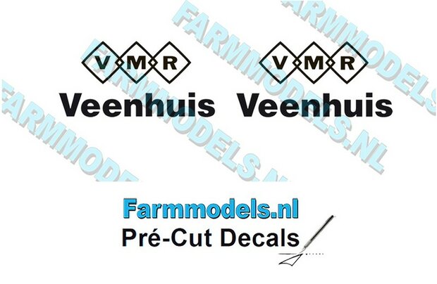 2x VMR Veenhuis 12mm hoog -VMR logo/ Veenhuis onder elkaar- zwart op Transparant Pr&eacute;-Cut Decals 1:32 Farmmodels.nl