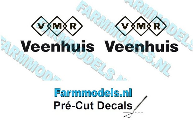 2x VMR Veenhuis 14mm hoog -VMR logo/ Veenhuis onder elkaar- zwart op Transparant Pr&eacute;-Cut Decals 1:32 Farmmodels.nl