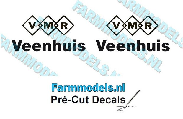 2x VMR Veenhuis 16mm hoog -VMR logo/ Veenhuis onder elkaar- zwart op Transparant Pr&eacute;-Cut Decals 1:32 Farmmodels.nl