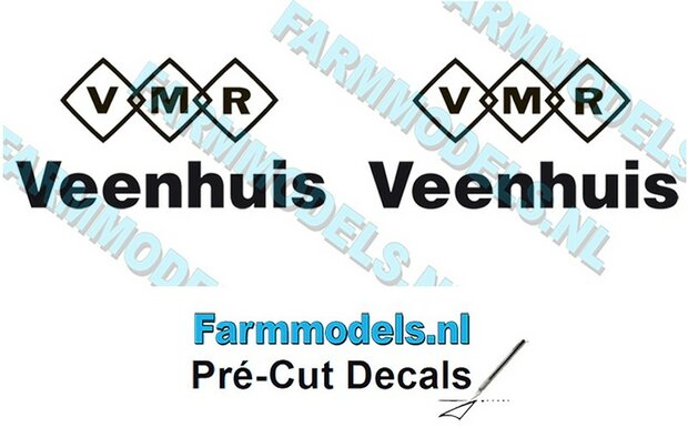 2x VMR Veenhuis 18mm hoog -VMR logo/ Veenhuis onder elkaar- zwart op Transparant Pr&eacute;-Cut Decals 1:32 Farmmodels.nl