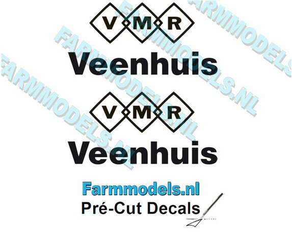 2x VMR Veenhuis 20mm hoog -VMR logo/ Veenhuis onder elkaar- zwart op Transparant Pr&eacute;-Cut Decals 1:32 Farmmodels.nl