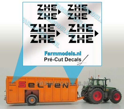 4x ZHE ZWART logo-set geschikt voor o.a. mestcontainer - zwart op Transparant Pr&eacute;-Cut Decals 1:32 Farmmodels.nl