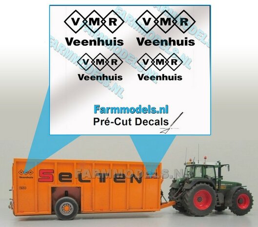 4x VMR Veenhuis ZWART logo-set geschikt voor o.a. mestcontainer - zwart op Transparant Pr&eacute;-Cut Decals 1:32 Farmmodels.nl