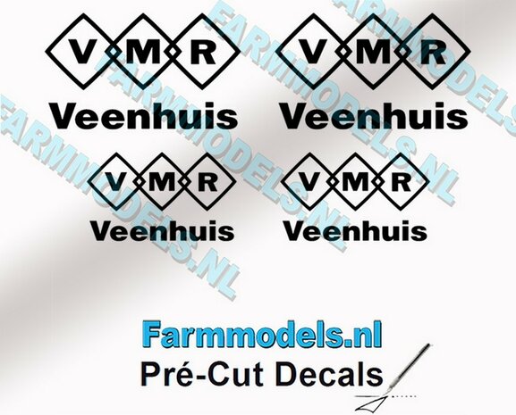 4x VMR Veenhuis ZWART logo-set geschikt voor o.a. mestcontainer - zwart op Transparant Pr&eacute;-Cut Decals 1:32 Farmmodels.nl
