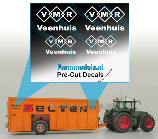 4x VMR Veenhuis WIT logo-set geschikt voor o.a. mestcontainer - wit op Transparant Pr&eacute;-Cut Decals 1:32 Farmmodels.nl